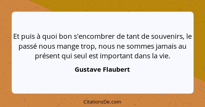 Et puis à quoi bon s'encombrer de tant de souvenirs, le passé nous mange trop, nous ne sommes jamais au présent qui seul est import... - Gustave Flaubert