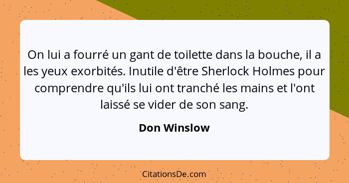 On lui a fourré un gant de toilette dans la bouche, il a les yeux exorbités. Inutile d'être Sherlock Holmes pour comprendre qu'ils lui o... - Don Winslow