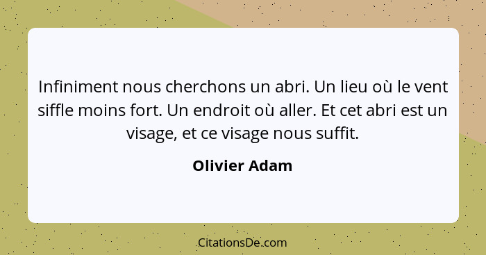 Infiniment nous cherchons un abri. Un lieu où le vent siffle moins fort. Un endroit où aller. Et cet abri est un visage, et ce visage n... - Olivier Adam