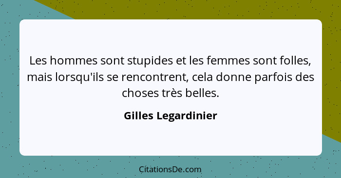 Les hommes sont stupides et les femmes sont folles, mais lorsqu'ils se rencontrent, cela donne parfois des choses très belles.... - Gilles Legardinier