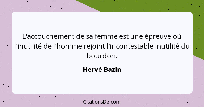 L'accouchement de sa femme est une épreuve où l'inutilité de l'homme rejoint l'incontestable inutilité du bourdon.... - Hervé Bazin