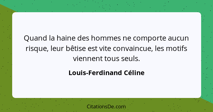 Quand la haine des hommes ne comporte aucun risque, leur bêtise est vite convaincue, les motifs viennent tous seuls.... - Louis-Ferdinand Céline