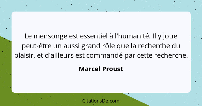 Le mensonge est essentiel à l'humanité. Il y joue peut-être un aussi grand rôle que la recherche du plaisir, et d'ailleurs est command... - Marcel Proust