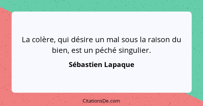 La colère, qui désire un mal sous la raison du bien, est un péché singulier.... - Sébastien Lapaque