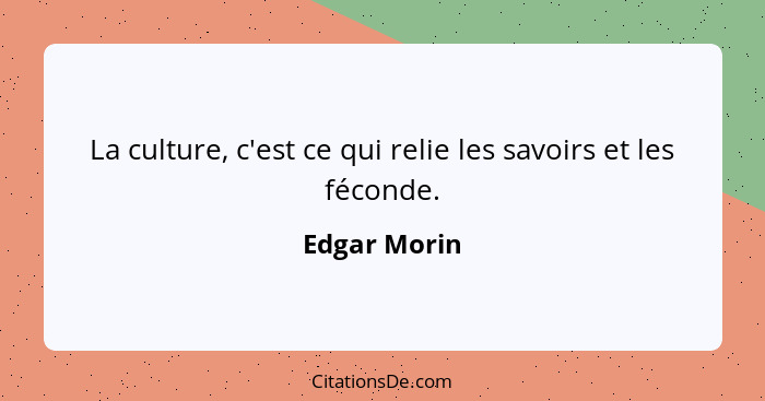 La culture, c'est ce qui relie les savoirs et les féconde.... - Edgar Morin