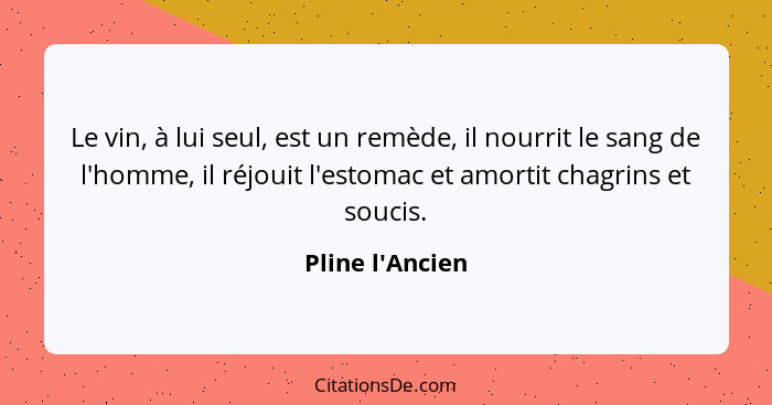 Le vin, à lui seul, est un remède, il nourrit le sang de l'homme, il réjouit l'estomac et amortit chagrins et soucis.... - Pline l'Ancien