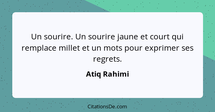 Un sourire. Un sourire jaune et court qui remplace millet et un mots pour exprimer ses regrets.... - Atiq Rahimi