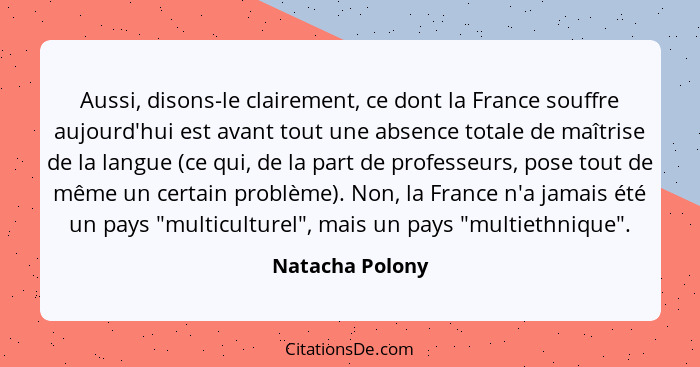 Aussi, disons-le clairement, ce dont la France souffre aujourd'hui est avant tout une absence totale de maîtrise de la langue (ce qui... - Natacha Polony