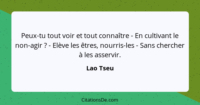 Peux-tu tout voir et tout connaître - En cultivant le non-agir ? - Elève les êtres, nourris-les - Sans chercher à les asservir.... - Lao Tseu