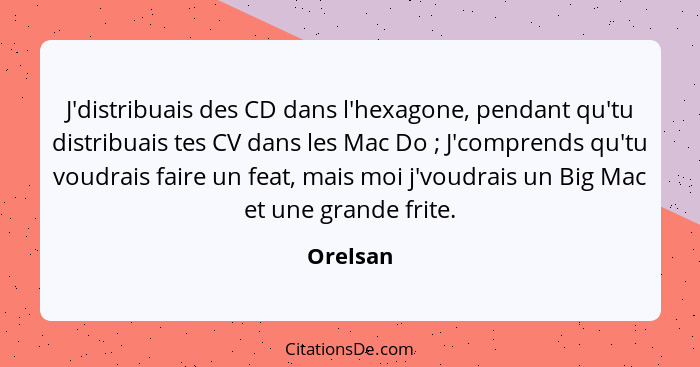 J'distribuais des CD dans l'hexagone, pendant qu'tu distribuais tes CV dans les Mac Do ; J'comprends qu'tu voudrais faire un feat, mais... - Orelsan