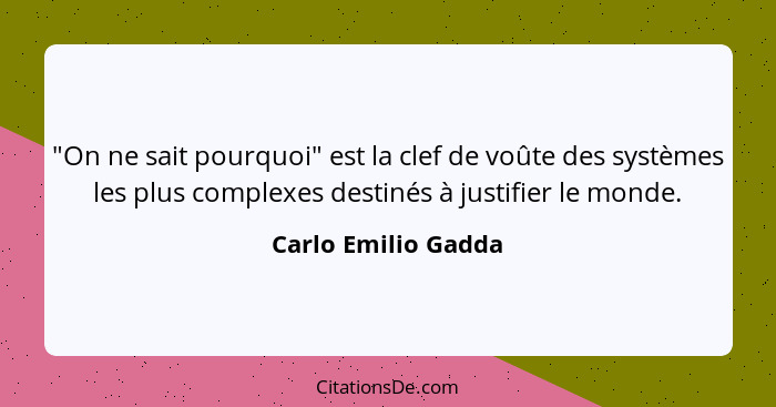 "On ne sait pourquoi" est la clef de voûte des systèmes les plus complexes destinés à justifier le monde.... - Carlo Emilio Gadda