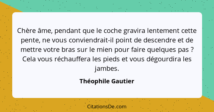 Chère âme, pendant que le coche gravira lentement cette pente, ne vous conviendrait-il point de descendre et de mettre votre bras... - Théophile Gautier