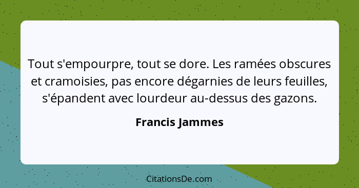 Tout s'empourpre, tout se dore. Les ramées obscures et cramoisies, pas encore dégarnies de leurs feuilles, s'épandent avec lourdeur a... - Francis Jammes