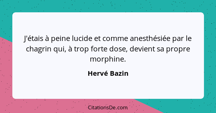 J'étais à peine lucide et comme anesthésiée par le chagrin qui, à trop forte dose, devient sa propre morphine.... - Hervé Bazin