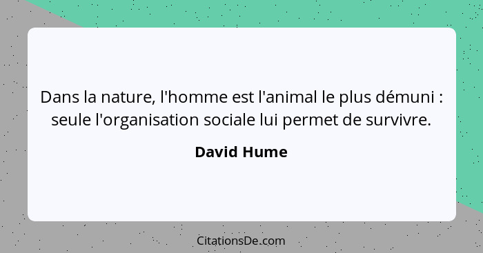 Dans la nature, l'homme est l'animal le plus démuni : seule l'organisation sociale lui permet de survivre.... - David Hume