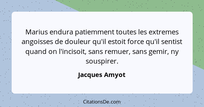 Marius endura patiemment toutes les extremes angoisses de douleur qu'il estoit force qu'il sentist quand on l'incisoit, sans remuer, s... - Jacques Amyot