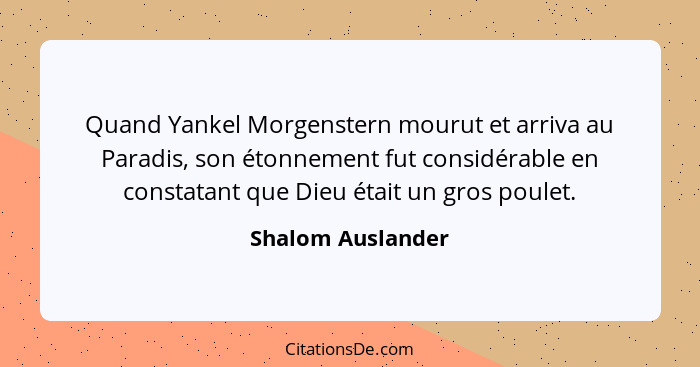 Quand Yankel Morgenstern mourut et arriva au Paradis, son étonnement fut considérable en constatant que Dieu était un gros poulet.... - Shalom Auslander