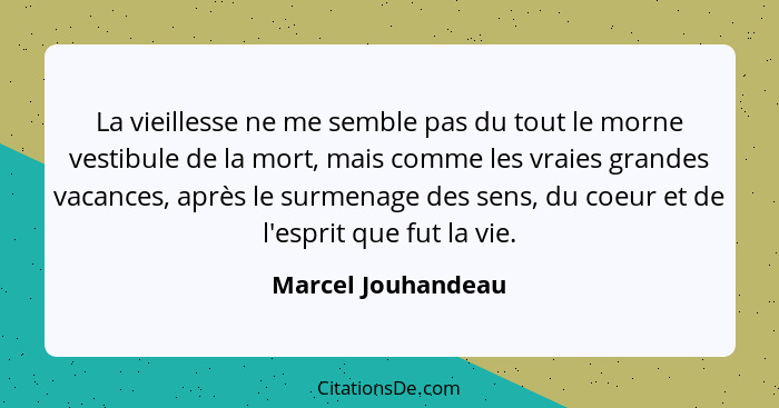 La vieillesse ne me semble pas du tout le morne vestibule de la mort, mais comme les vraies grandes vacances, après le surmenage d... - Marcel Jouhandeau