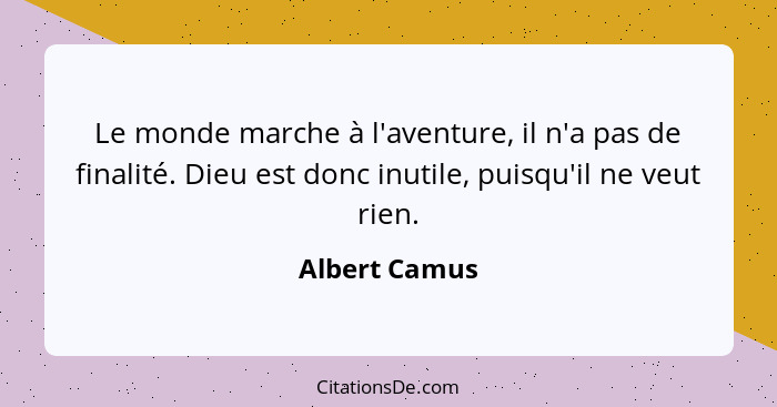 Le monde marche à l'aventure, il n'a pas de finalité. Dieu est donc inutile, puisqu'il ne veut rien.... - Albert Camus