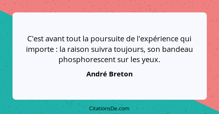 C'est avant tout la poursuite de l'expérience qui importe : la raison suivra toujours, son bandeau phosphorescent sur les yeux.... - André Breton