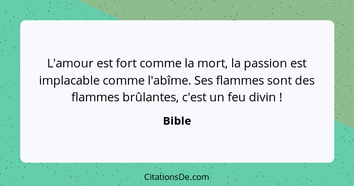 L'amour est fort comme la mort, la passion est implacable comme l'abîme. Ses flammes sont des flammes brûlantes, c'est un feu divin !... - Bible