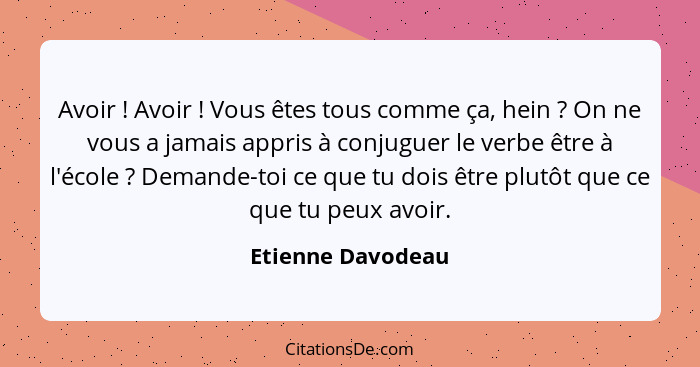 Avoir ! Avoir ! Vous êtes tous comme ça, hein ? On ne vous a jamais appris à conjuguer le verbe être à l'école ... - Etienne Davodeau