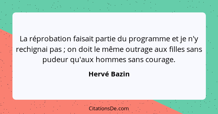 La réprobation faisait partie du programme et je n'y rechignai pas ; on doit le même outrage aux filles sans pudeur qu'aux hommes s... - Hervé Bazin