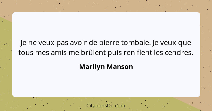 Je ne veux pas avoir de pierre tombale. Je veux que tous mes amis me brûlent puis reniflent les cendres.... - Marilyn Manson