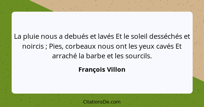 La pluie nous a debués et lavés Et le soleil desséchés et noircis ; Pies, corbeaux nous ont les yeux cavés Et arraché la barbe... - François Villon