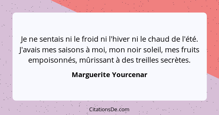 Je ne sentais ni le froid ni l'hiver ni le chaud de l'été. J'avais mes saisons à moi, mon noir soleil, mes fruits empoisonnés,... - Marguerite Yourcenar