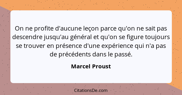 On ne profite d'aucune leçon parce qu'on ne sait pas descendre jusqu'au général et qu'on se figure toujours se trouver en présence d'u... - Marcel Proust
