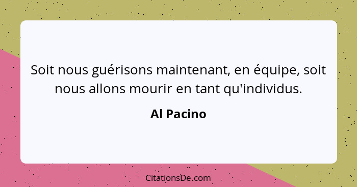 Soit nous guérisons maintenant, en équipe, soit nous allons mourir en tant qu'individus.... - Al Pacino