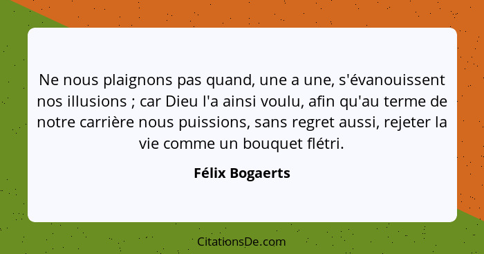 Ne nous plaignons pas quand, une a une, s'évanouissent nos illusions ; car Dieu l'a ainsi voulu, afin qu'au terme de notre carri... - Félix Bogaerts