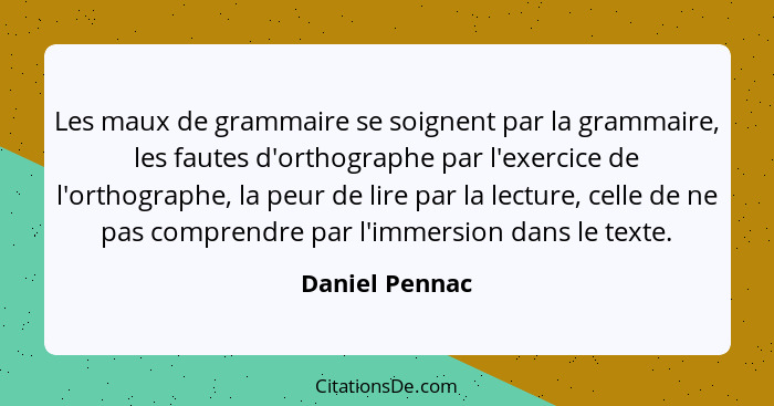 Les maux de grammaire se soignent par la grammaire, les fautes d'orthographe par l'exercice de l'orthographe, la peur de lire par la l... - Daniel Pennac