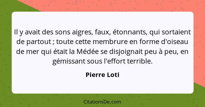 Il y avait des sons aigres, faux, étonnants, qui sortaient de partout ; toute cette membrure en forme d'oiseau de mer qui était la... - Pierre Loti