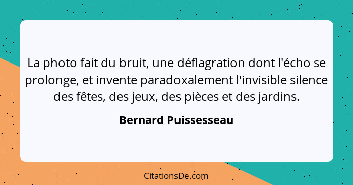 La photo fait du bruit, une déflagration dont l'écho se prolonge, et invente paradoxalement l'invisible silence des fêtes, des j... - Bernard Puissesseau