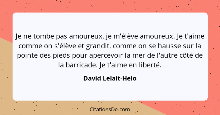Je ne tombe pas amoureux, je m'élève amoureux. Je t'aime comme on s'élève et grandit, comme on se hausse sur la pointe des pieds p... - David Lelait-Helo