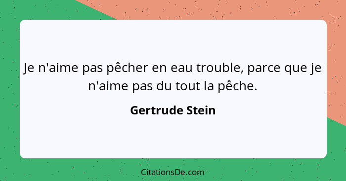 Je n'aime pas pêcher en eau trouble, parce que je n'aime pas du tout la pêche.... - Gertrude Stein