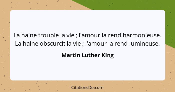 La haine trouble la vie ; l'amour la rend harmonieuse. La haine obscurcit la vie ; l'amour la rend lumineuse.... - Martin Luther King