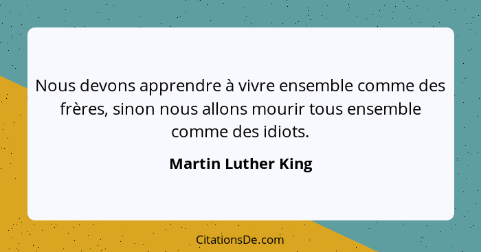 Nous devons apprendre à vivre ensemble comme des frères, sinon nous allons mourir tous ensemble comme des idiots.... - Martin Luther King