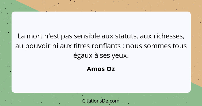 La mort n'est pas sensible aux statuts, aux richesses, au pouvoir ni aux titres ronflants ; nous sommes tous égaux à ses yeux.... - Amos Oz