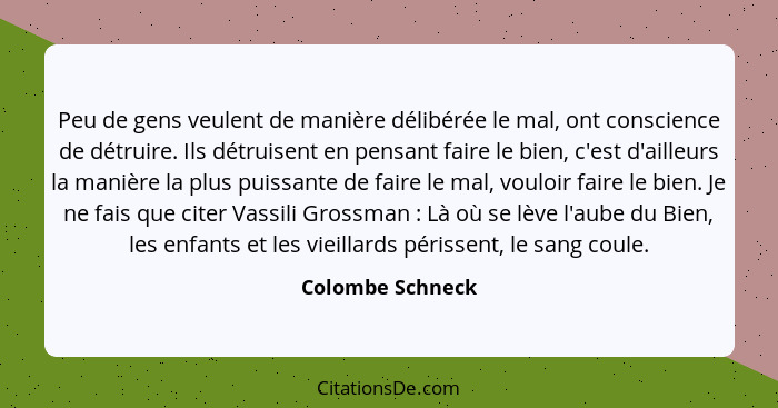 Peu de gens veulent de manière délibérée le mal, ont conscience de détruire. Ils détruisent en pensant faire le bien, c'est d'ailleu... - Colombe Schneck