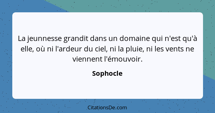 La jeunnesse grandit dans un domaine qui n'est qu'à elle, où ni l'ardeur du ciel, ni la pluie, ni les vents ne viennent l'émouvoir.... - Sophocle
