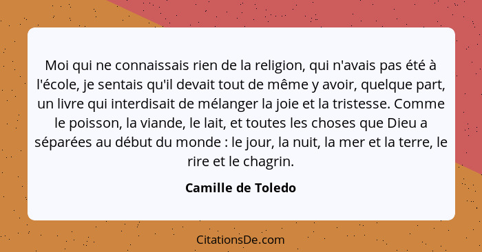 Moi qui ne connaissais rien de la religion, qui n'avais pas été à l'école, je sentais qu'il devait tout de même y avoir, quelque p... - Camille de Toledo