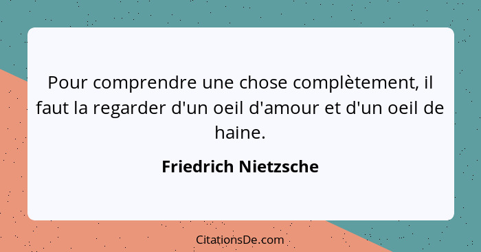 Pour comprendre une chose complètement, il faut la regarder d'un oeil d'amour et d'un oeil de haine.... - Friedrich Nietzsche