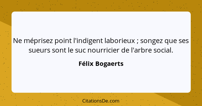 Ne méprisez point l'indigent laborieux ; songez que ses sueurs sont le suc nourricier de l'arbre social.... - Félix Bogaerts