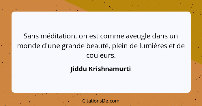 Sans méditation, on est comme aveugle dans un monde d'une grande beauté, plein de lumières et de couleurs.... - Jiddu Krishnamurti
