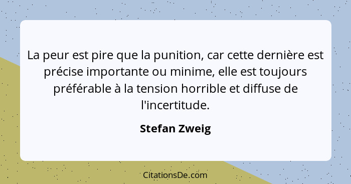 La peur est pire que la punition, car cette dernière est précise importante ou minime, elle est toujours préférable à la tension horrib... - Stefan Zweig