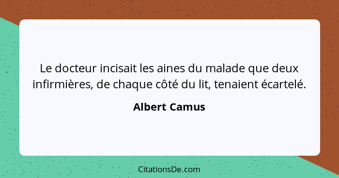 Le docteur incisait les aines du malade que deux infirmières, de chaque côté du lit, tenaient écartelé.... - Albert Camus