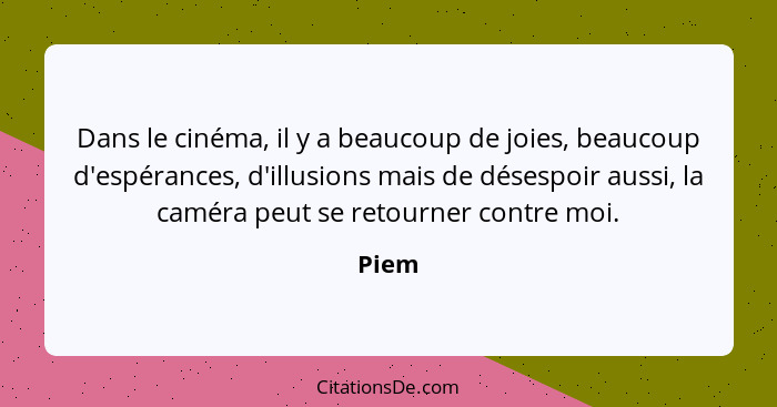 Dans le cinéma, il y a beaucoup de joies, beaucoup d'espérances, d'illusions mais de désespoir aussi, la caméra peut se retourner contre moi.... - Piem